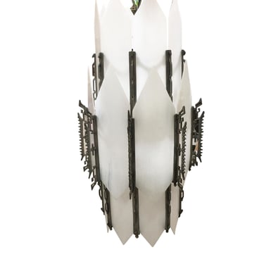 Art Deco White Slat Glass Hanging Chandelier with Geometric Details 