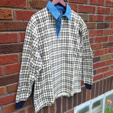 Vintage 1990's Faded Glory Denim Collar Striped Plaid Shirt / Polo / Medium 