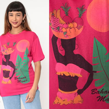 Vintage Bahama Mama Shirt 80s 90s Tropical Fruit Bikini Babe Beach Tee 1980s Hot Pink Graphic T Shirt Retro Cotton Tutti Frutti Hat Medium 