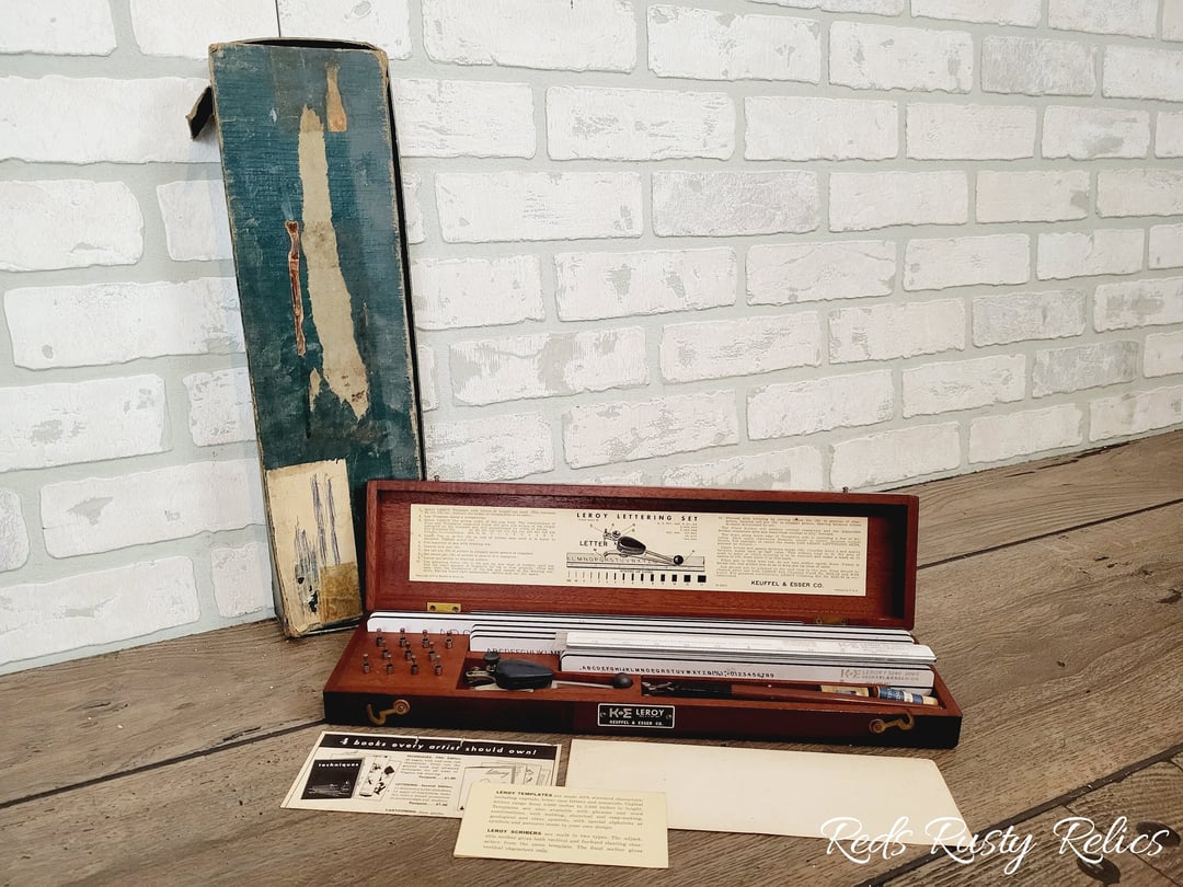 K & E Leroy Scriber Stand Lettering Set Keuffel and Esser Reds Rusty