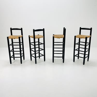 set of 4 Mid century wood/wicker bar stools, 1960s, Italy 