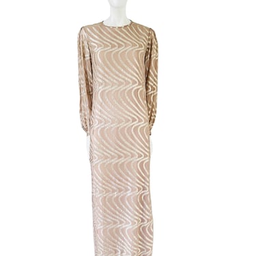 Vintage Champagne Metallic Swirl Silk Chiffon Gown
