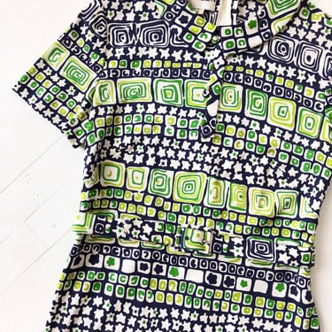 1970s Green Printed Dress 