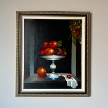 80's Carlos A. Cadavid " Window With Fruits " Oil on Canvas Painting, Framed 