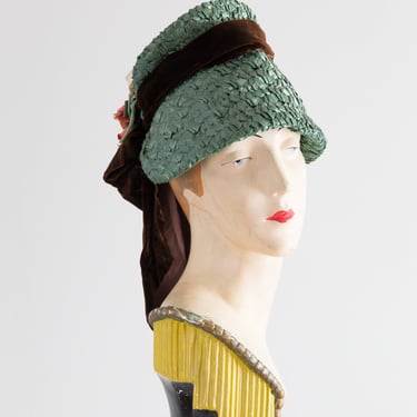 Fabulous 1930s Green Straw Bonnet With Velvet Bow & Flowers