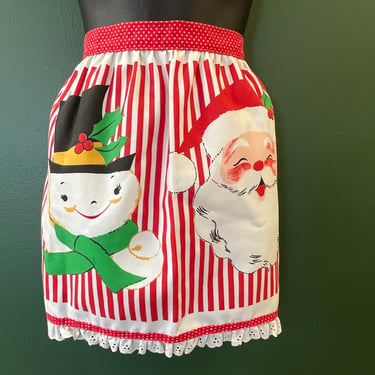 1950s Christmas apron vintage Santa and Snowman kitsch hostess skirt saver 