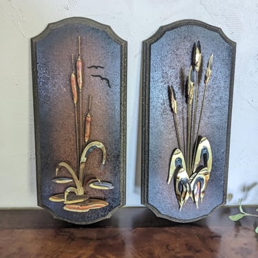 Vintage MCM Copper and Brass Cattail and Wheat Wall Art 