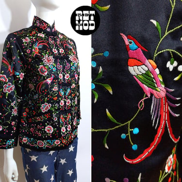 Super Beautiful Vintage 60s Black Satin Asian Floral & Bird Embroidered Jacket with Pockets 