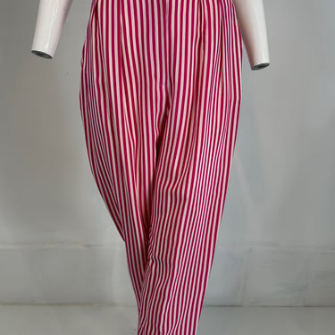 Ungaro Hot Pink &amp; White Silk Stripe Pleat Front Tapered Ankle Pant 1980s 40
