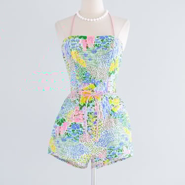 Vintage 1970's Impressionist Flower Garden Cotton Playsuit / S