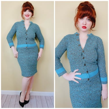 1970s Vintage Teal Knit Skirt Suit / 70s Tweed Look Cardigan and Pencil Sweater Set / Size medium - Large 