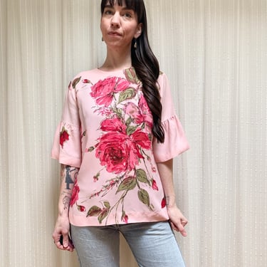 60s pink watercolor floral bell sleeve tunic 
