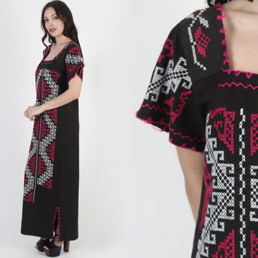 All OVer Geometric Embroidered Mexican Maxi Dress, Vintage Black Cotton Ethnic Kaftan Vestido, Womens Long Hand Stitched Caftan Dress 
