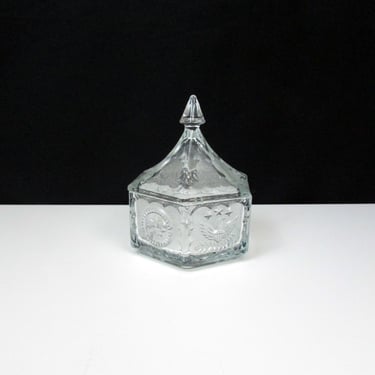 Tiara Colonial Glass Candy Dish with Lid-Hazel Atlas Americana-Eagle and Stars-Hexagon Glass 