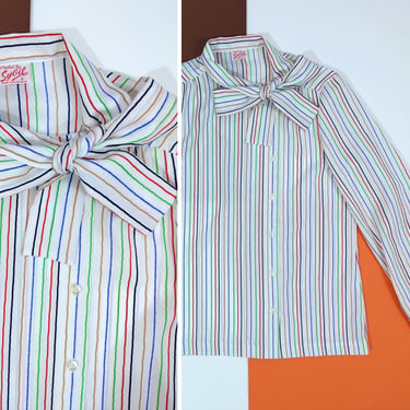 So Pretty Vintage 70s 80s White Rainbow Stripe Long Sleeve Blouse with Neck Tie 