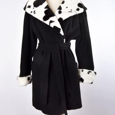 80's Black & White WOOL Coat Faux Fur Dalmatian print Shawl Collar, Cruella Style, Red Liner 100% Wool Overcoat Belted 1980's Vintage 