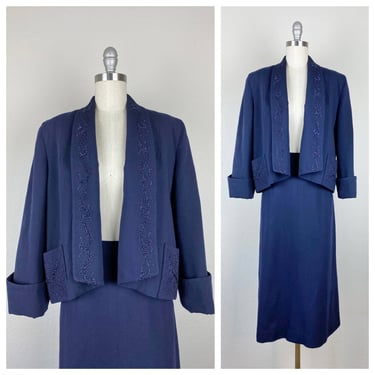 Vintage 1950s skirt suit, wool gabardine, beaded, soutache trim, navy blue 