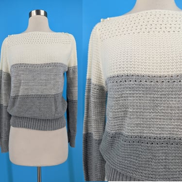 Vintage 80s Small Handknit White Gray Striped Pullover Sweater - Eighties Ombre Pullover Sweater 