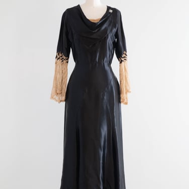 Sublime 1930's Glossy Black Silk Satin Bias Cut Evening Dress With Lace Sleeves / Medium