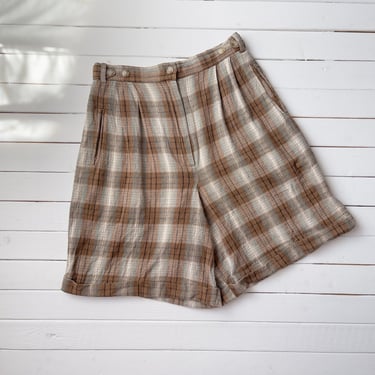 high waisted shorts 80s vintage Adolfo brown cream plaid linen shorts 