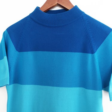 vintage striped shirt / striped mock neck / 1960s blue striped acrylic mock neck short sleeve shirt Small 