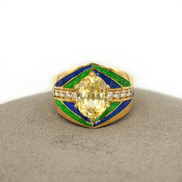 18kt Yellow Gold Sapphire and Diamond Enamel Ring