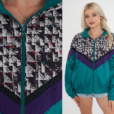 80s Windbreaker Zip Up Track Jacket Green Purple Color Block Abstract Print Warmup Retro Lightweight Shell Nylon Sporty Vintage 1980s Large 