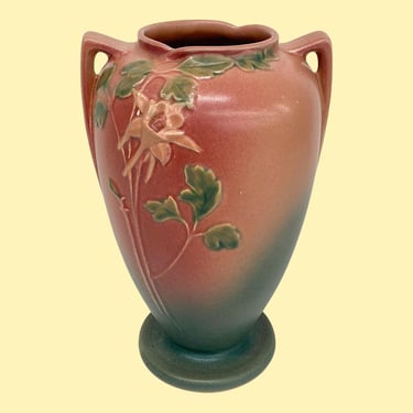 Vintage Roseville Pottery Handled Vase Retro 1940s Farmhouse + Pink Columbine + Ceramic + 23-10 + Home Decor + Decoration + Flower Display 