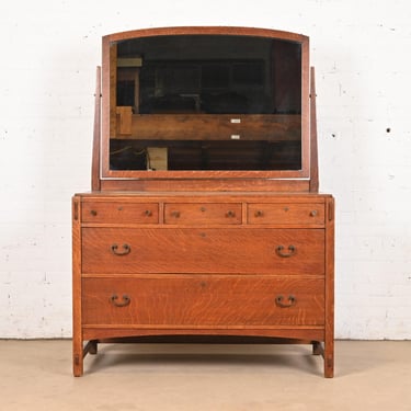 Limbert Antique Mission Oak Arts & Crafts Vanity Dresser With Mirror, Circa 1900