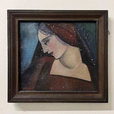 1920s Deco Painting of Stylized Woman Gazing - 