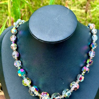 Vintage Faceted Aurora Boreal is Glass Beaded Necklace Rainbow Beads Retro 25” 