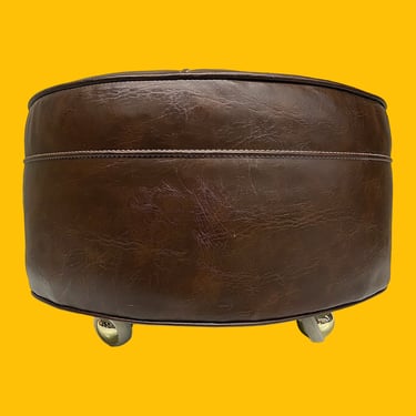 Vintage Rolling Ottoman Retro 1970s Mid Century Modern + 21" D + Brown Vinyl + Round + On Wheels + MCM Furniture + Extra Seating + Footrest 