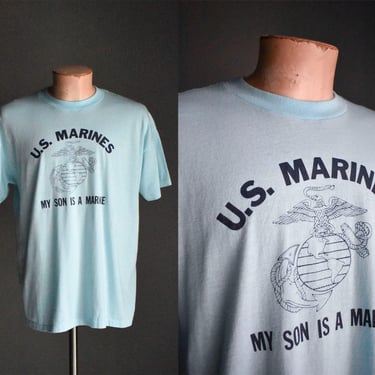 Vintage US Marines Tshirt / Vintage My Son Is a Marine Tee / Vintage Single Hemline 80s Tshirt Large / Teal Vintage Marines Tshirt 