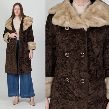 60s 70s Two Tone Long Faux Fur Coat, As Is - Medium | Vintage Brown Double Breasted Button Up Winter Jacket 