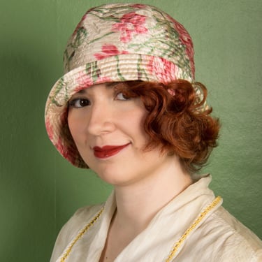 1920s Hat - Gorgeous 20s Printed Silk Cloche with Lustrous Watercolor Floral and Concentric Top Stitching. 
