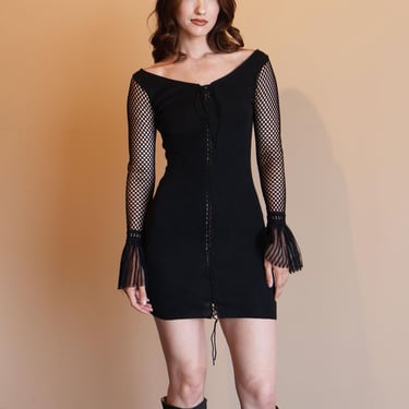 Vintage Jean Paul Gaultier FEMME Stretch Knit Lace up Midi Dress with Mesh Sleeves + Tulle Cuff sz XS S M Corset JPG 