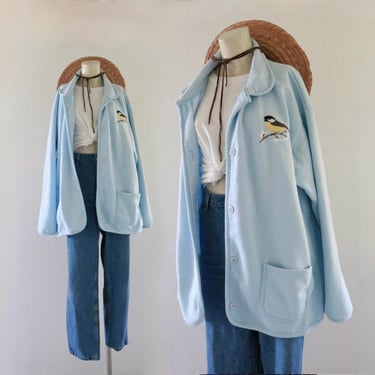 oversized sweatshirt jacket - vintage 90s y2k cornflower light blue womens embroidered bird fall long sleeve shacket coat 