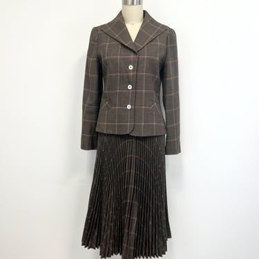 Vintage 70s Skirt and Blazer Set | Plaid Fitted Jacket with Pleated Skirt | Size 6 