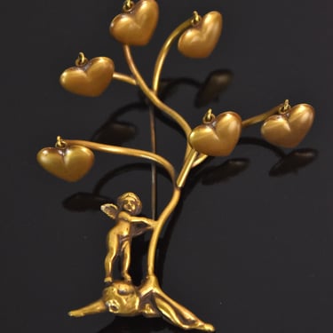 Vintage Joseff of Hollywood Tree of Dangling Hearts Brooch w Cupid 