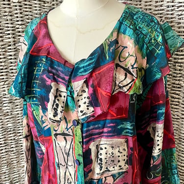 Jewel Tone Silk Blouse, Artsy Abstract Print, Flowy Collar, Oversize Button Down Top, Vintage 80s 90s 