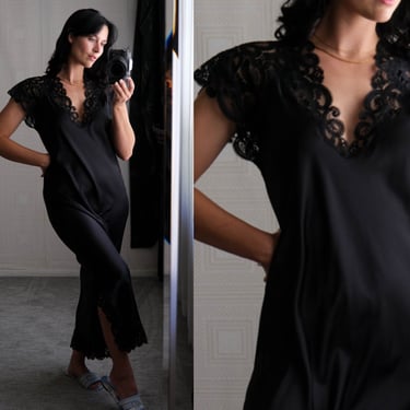 Vintage 70s Eve Stillman Couture Black Plunging Neckline Nightgown w/ Baroque Lace Shoulders | 1970s Designer Boudoir Romantic Slip Gown 