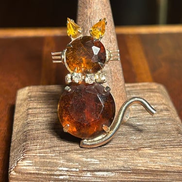 Juliana Amber Cat Brooch Clear Rhinestone Collar Vintage Mid Century Jewelry Cat lover Gift 