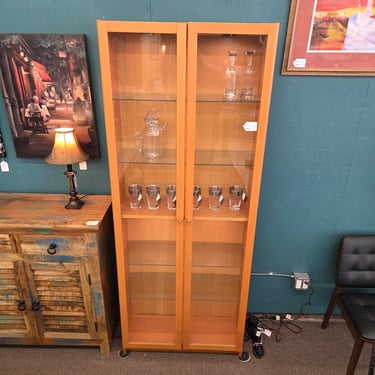 Lighted Blonde Bookcase w/Glass Doors &#038; Shelves