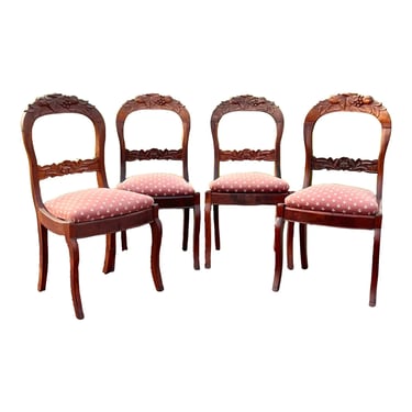 Early 20th Century Walnut Hand Carved Victorian Dining Chairs - Set of 4 