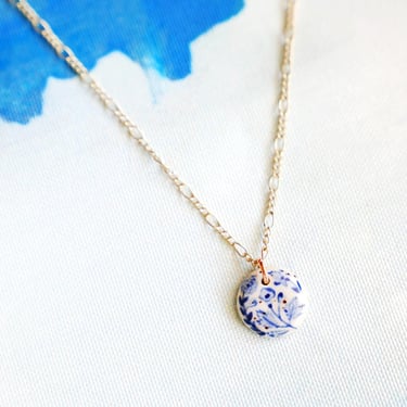 Speckled Stoneware Ceramic Charm, Hand Painted Charm Necklace, Dark Blue Cream Ceramics, Gold Chain, Folk Art Ceramics, Unique Gift 