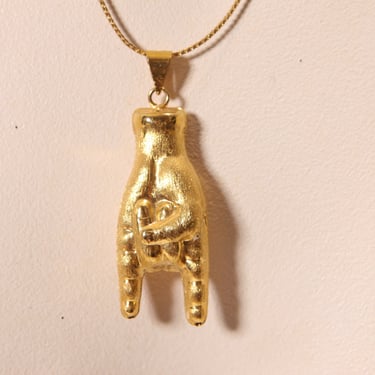 1980s Gold Tone Metal Rock N Roll Devil Horn Figural Hand Pendany Necklace 