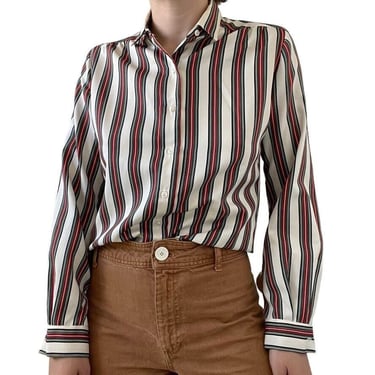 Vintage 1970s Womens Striped Collared Preppy Long Sleeve Retro Blouse Sz M 