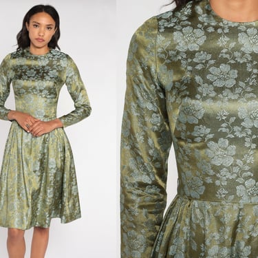 60s Party Dress Green Brocade Dress 1960s Mad Men Midi Fit and Flare Vintage Cocktail Dress Long Sleeve Extra Small xs 2xs xxs 