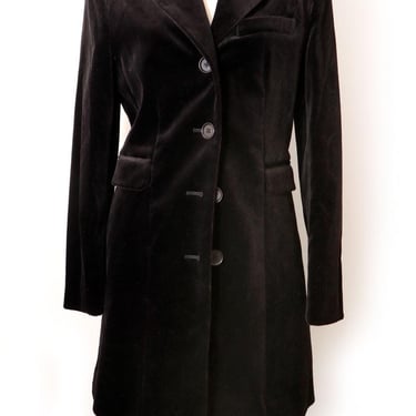 New J. PETERMAN Black Velvet Fitted Long Edwardian Jacket Coat Vintage 1990's, ORIG TAGS, Classic Style 