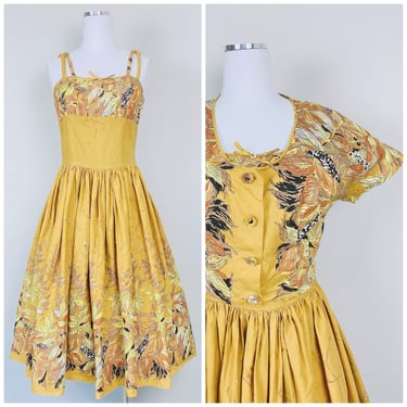 1950s Vintage Mustard Yellow Floral Dress Set  / 50s / Fifties Bolero and Cotton Sundress / Fit and Flare / Small 
